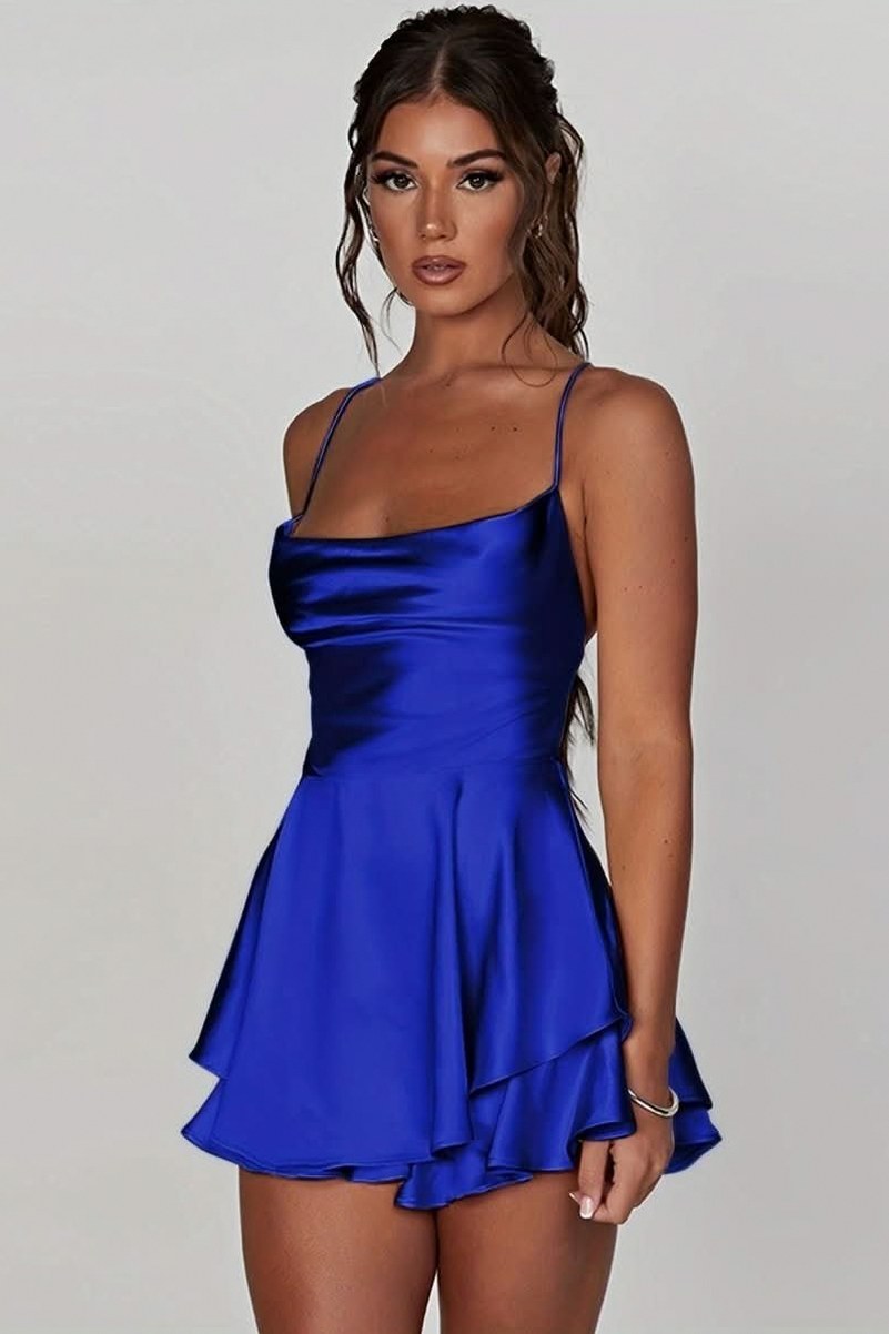 Satin Cowl Neck Tiered Mini Dress