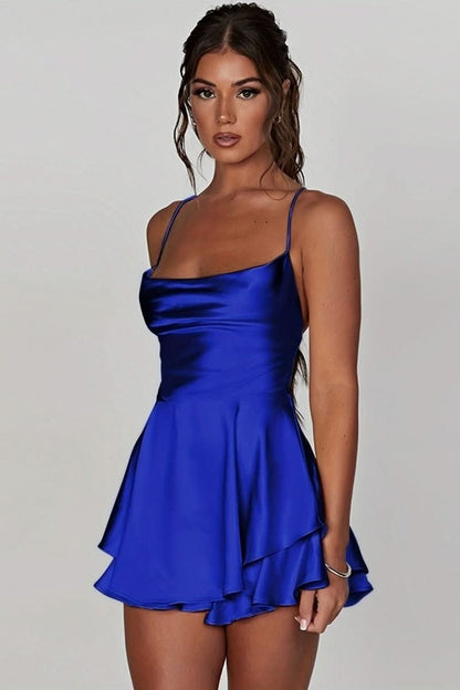 Satin Cowl Neck Tiered Mini Dress