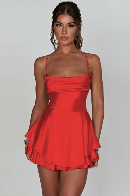 Satin Cowl Neck Tiered Mini Dress