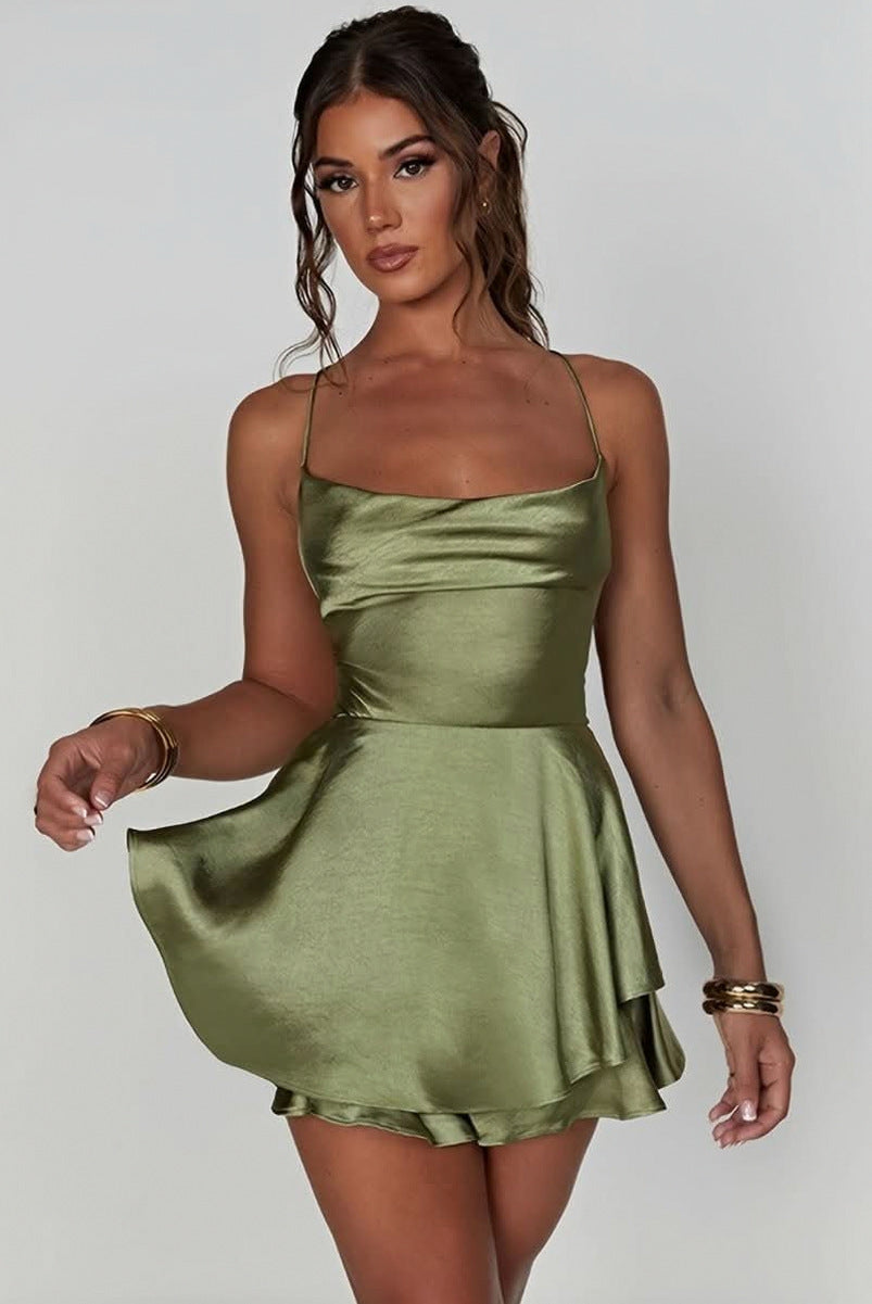 Satin Cowl Neck Tiered Mini Dress
