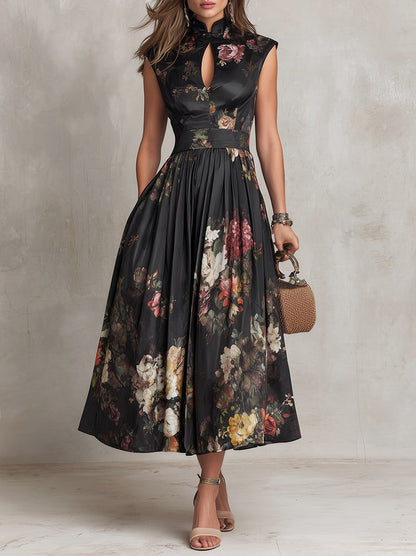 Satin Cap Sleeve Dark Floral Pleated Midi Dress