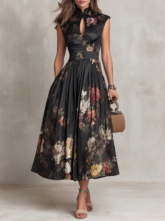 Satin Cap Sleeve Dark Floral Pleated Midi Dress