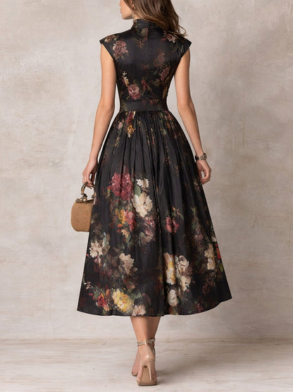 Satin Cap Sleeve Dark Floral Pleated Midi Dress