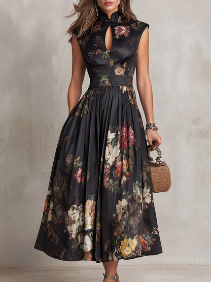 Satin Cap Sleeve Dark Floral Pleated Midi Dress