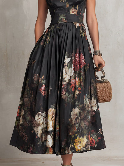 Satin Cap Sleeve Dark Floral Pleated Midi Dress