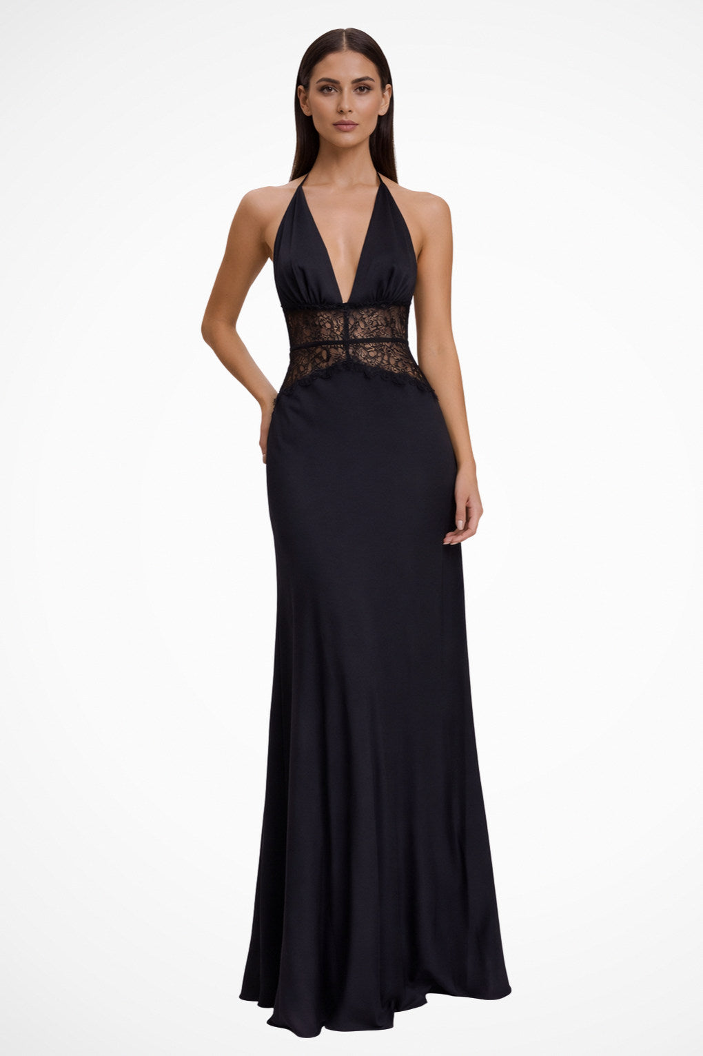 Satin Halter Lace Waist Maxi Dress