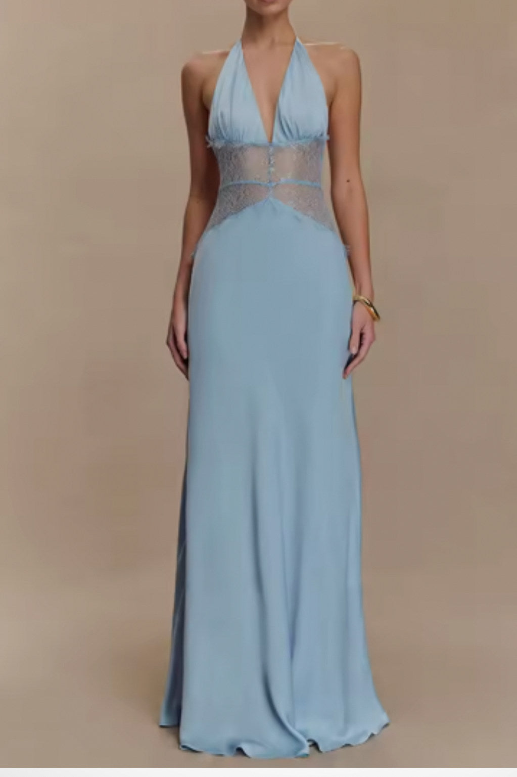 Satin Halter Lace Waist Maxi Dress