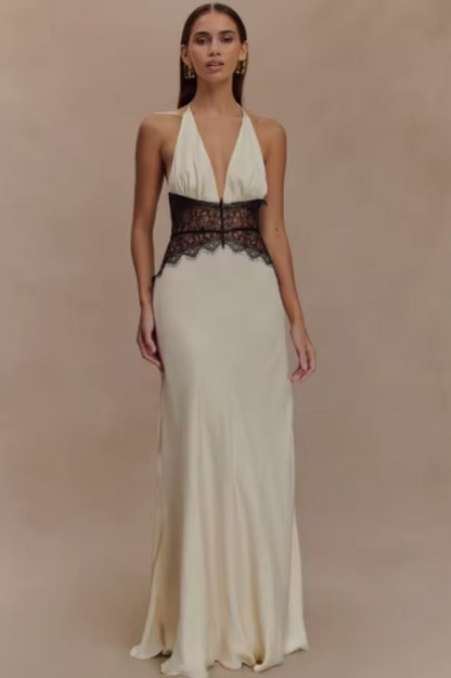 Satin Halter Lace Waist Maxi Dress
