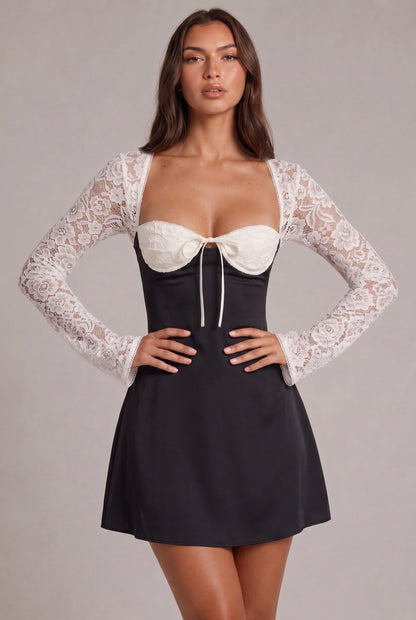 Satin Lace Long Sleeve Mini Dress