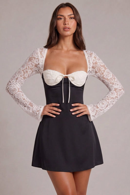 Satin Lace Long Sleeve Mini Dress