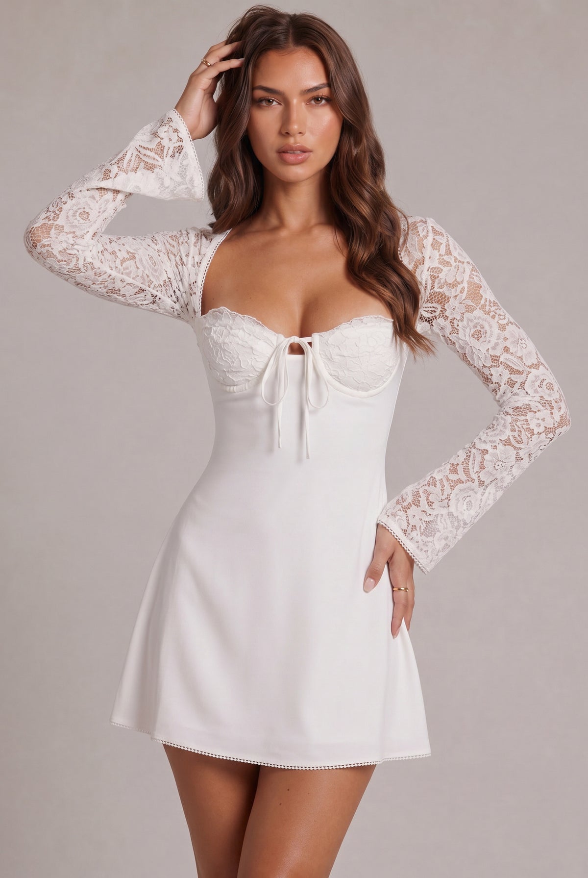 Satin Lace Long Sleeve Mini Dress