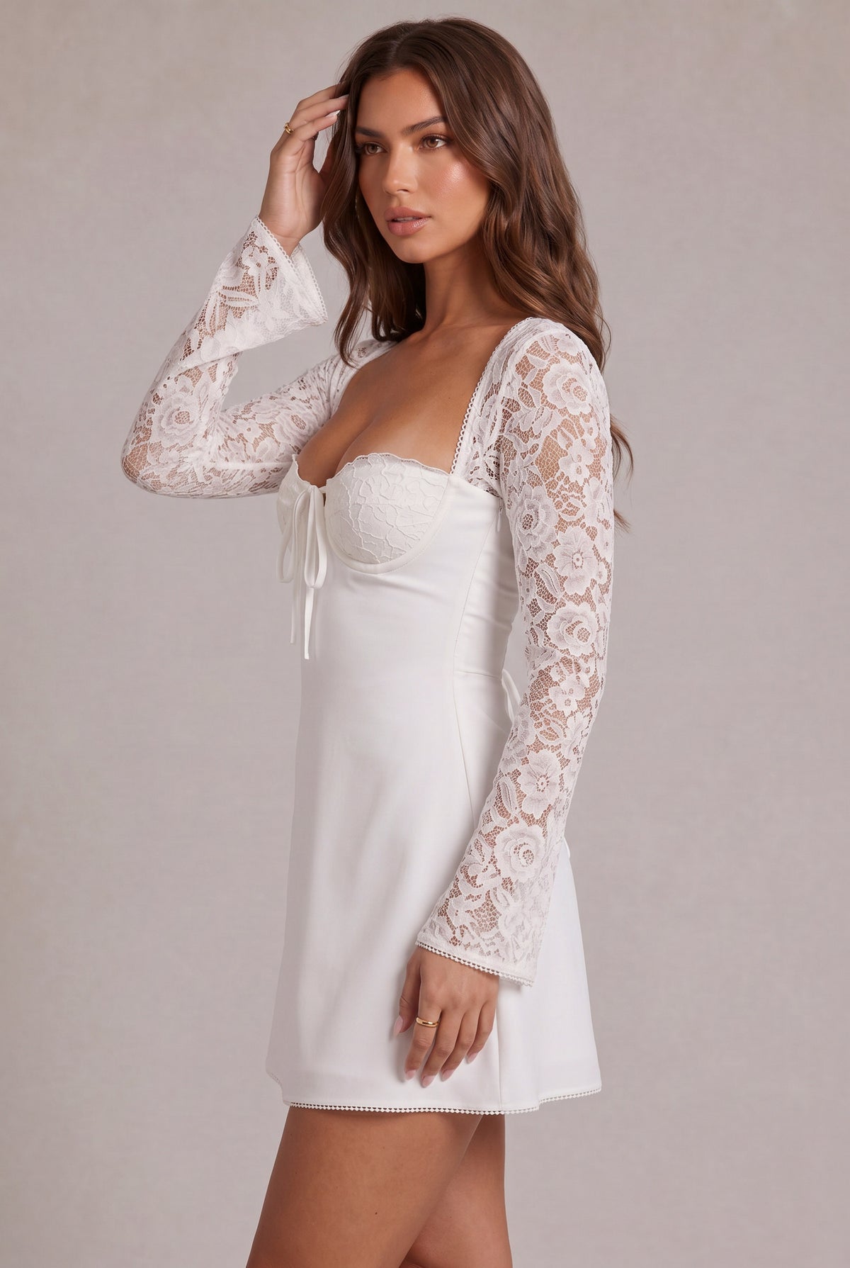 Satin Lace Long Sleeve Mini Dress