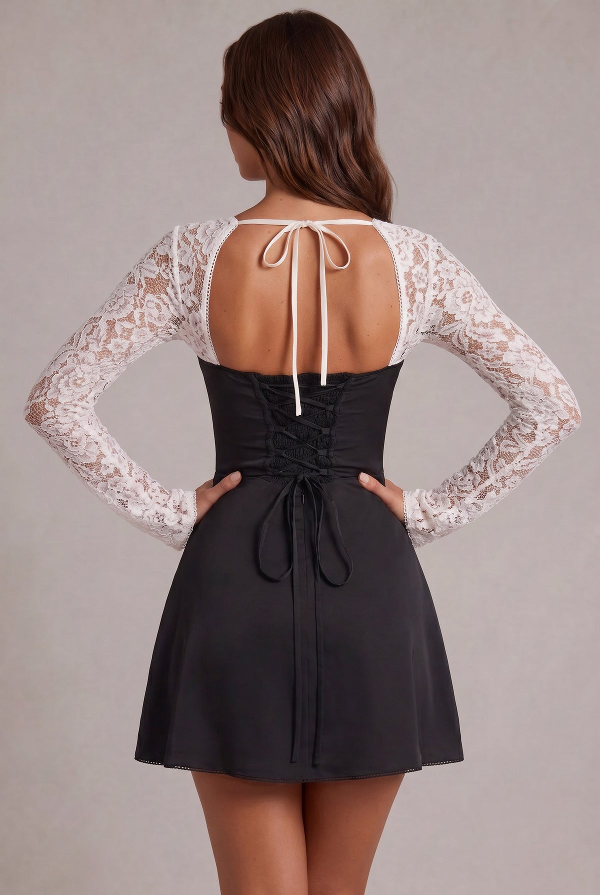 Satin Lace Long Sleeve Mini Dress