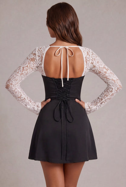 Satin Lace Long Sleeve Mini Dress