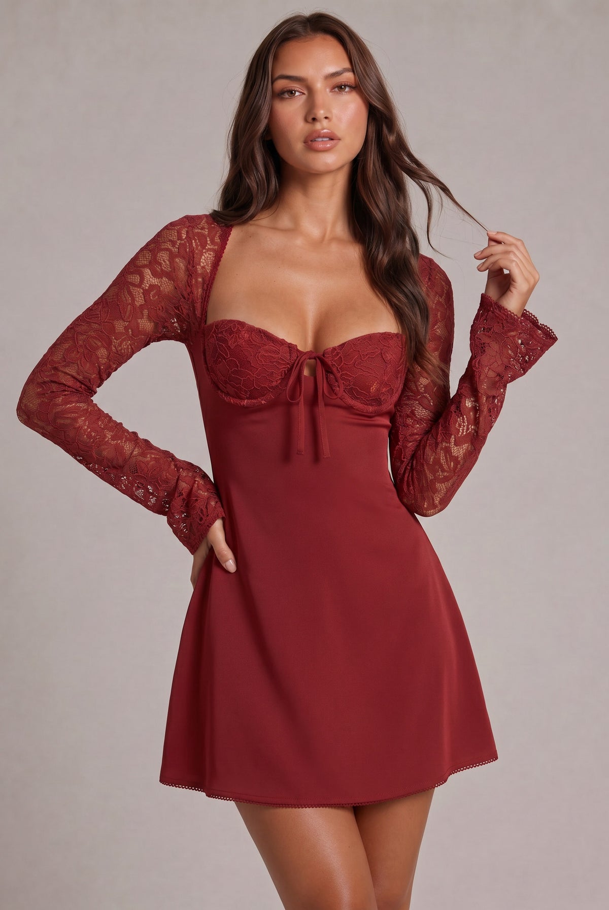 Satin Lace Long Sleeve Mini Dress