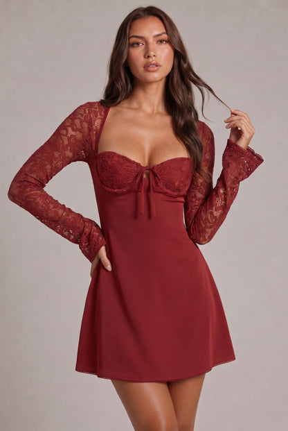 Satin Lace Long Sleeve Mini Dress