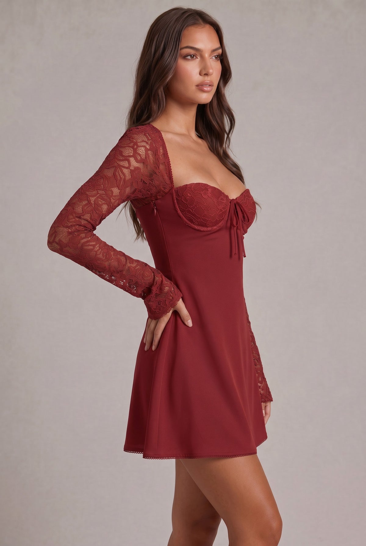 Satin Lace Long Sleeve Mini Dress