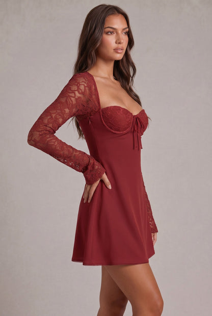 Satin Lace Long Sleeve Mini Dress