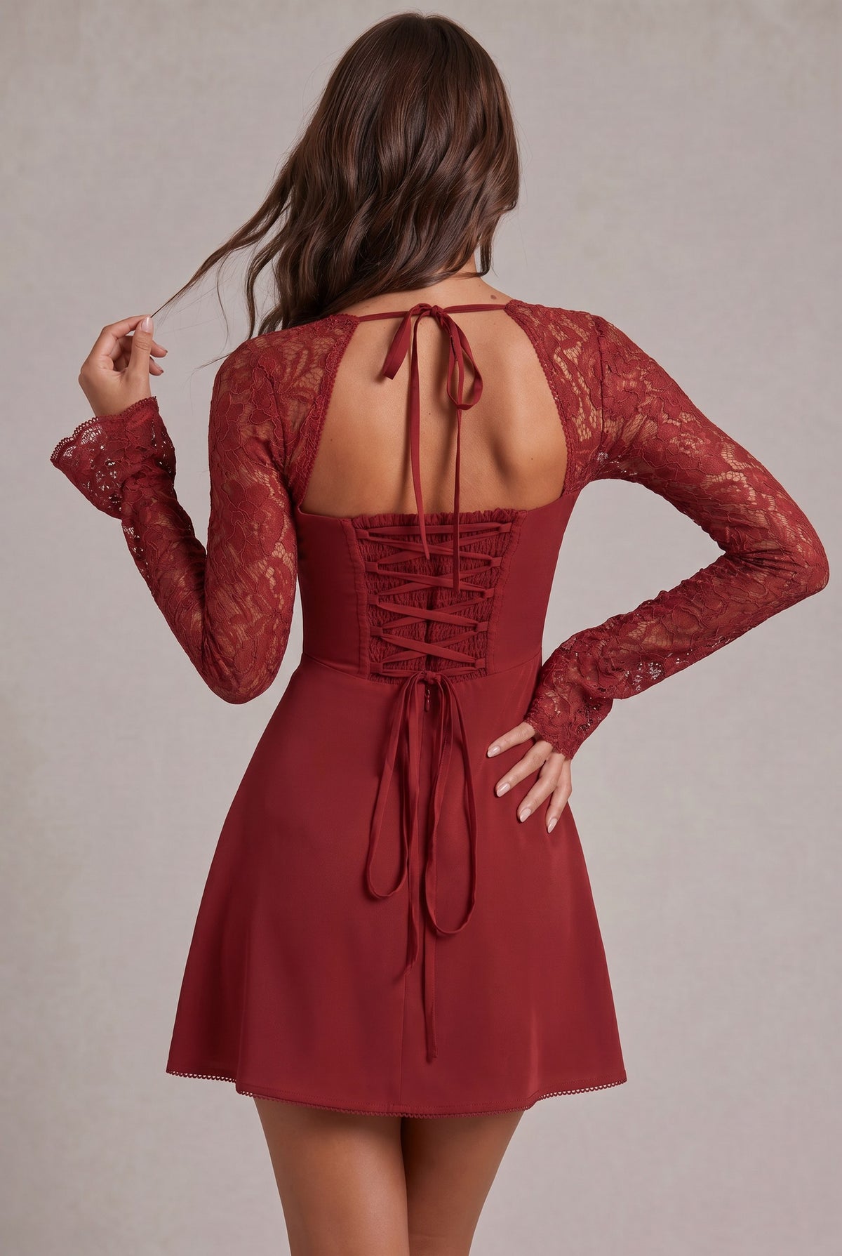 Satin Lace Long Sleeve Mini Dress