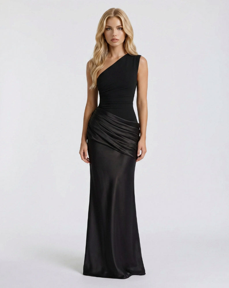 Satin One Shoulder Drop Waist Maxi Dress