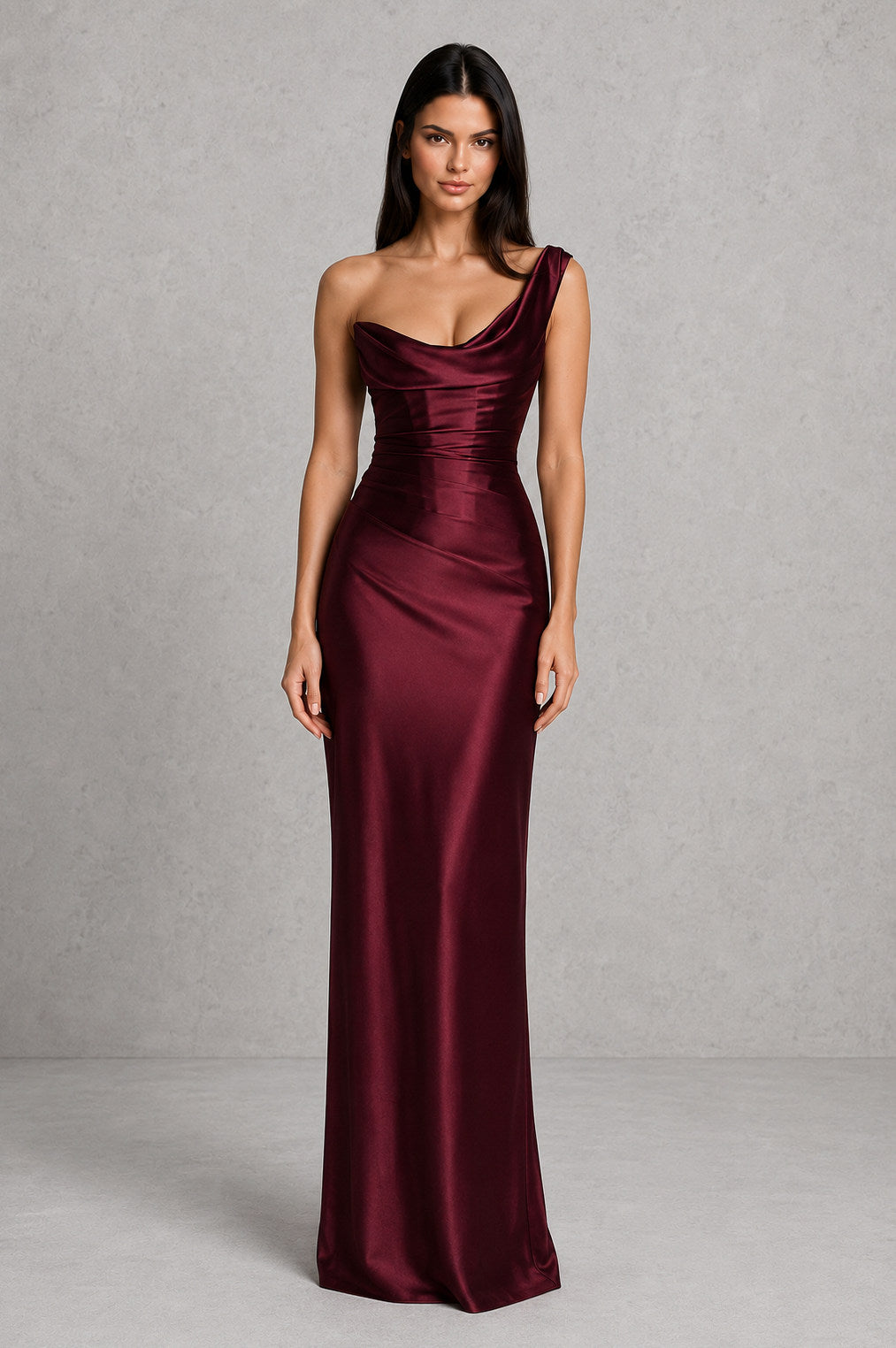 Satin One Shoulder Cowl Maxi Dress