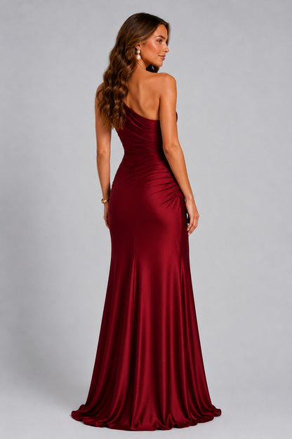 Satin One Shoulder Ruched Maxi Dress