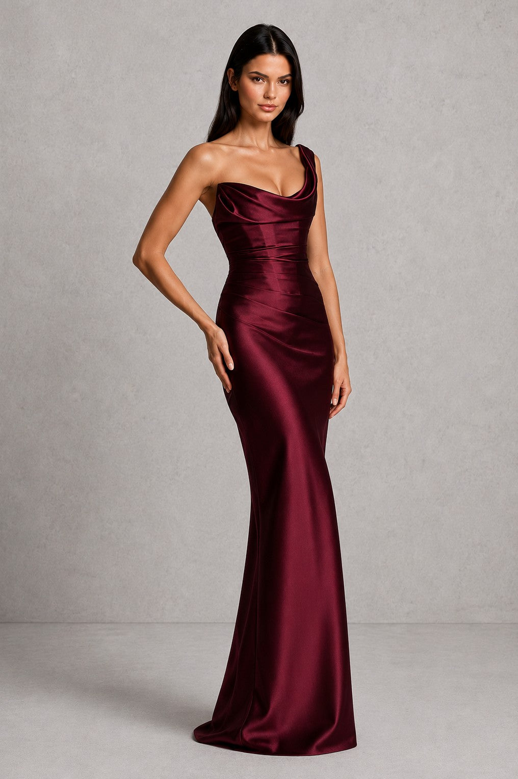 Satin One Shoulder Cowl Maxi Dress