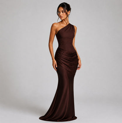Satin One Shoulder Ruched Maxi Dress