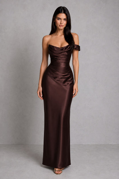 Satin One Shoulder Cowl Maxi Dress