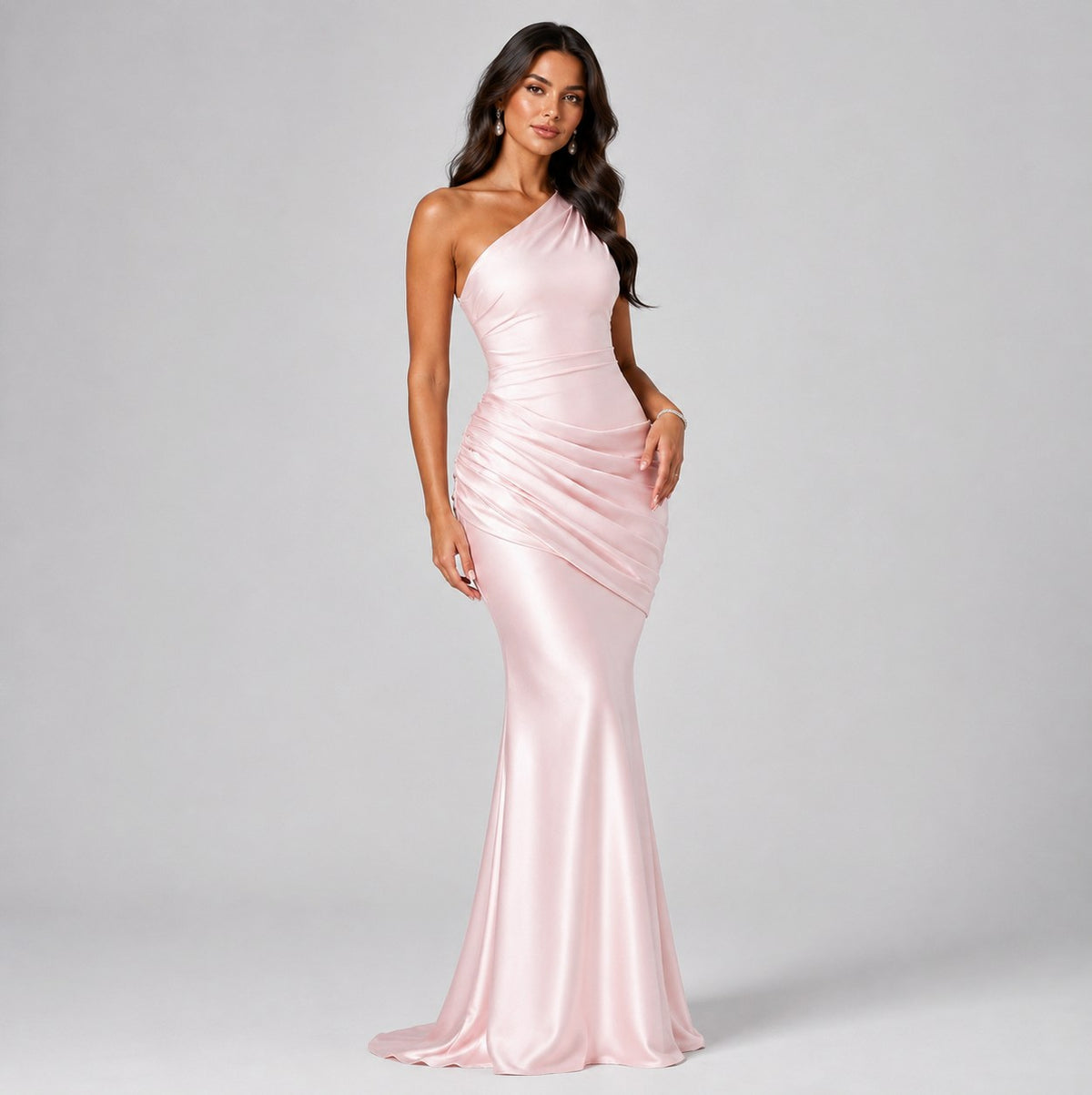 Satin One Shoulder Ruched Maxi Dress