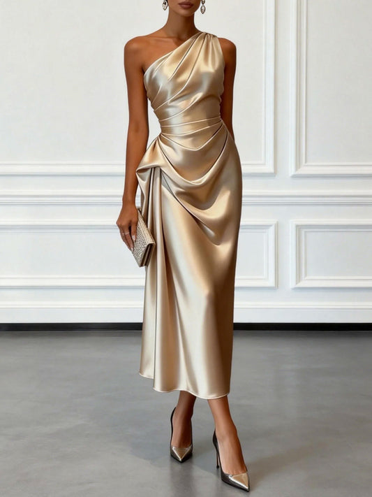 Satin One Shoulder Midi Dress
