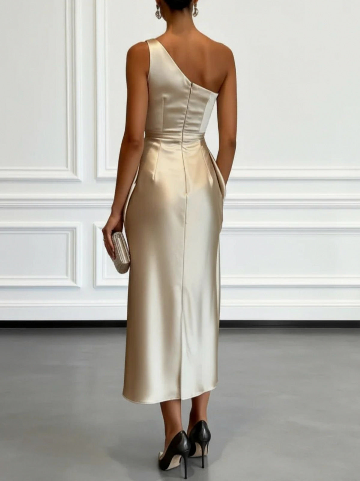 Satin One Shoulder Midi Dress