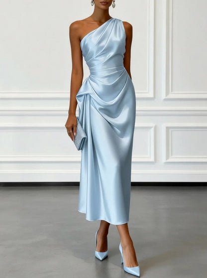 Satin One Shoulder Midi Dress