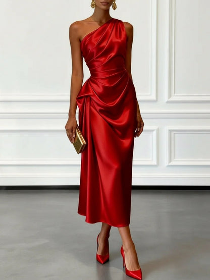 Satin One Shoulder Midi Dress