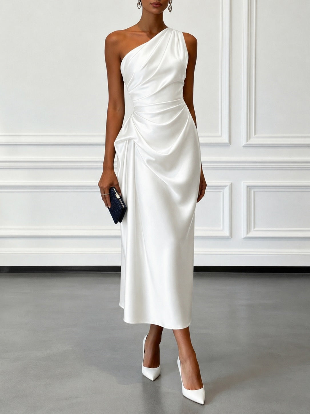 Satin One Shoulder Midi Dress