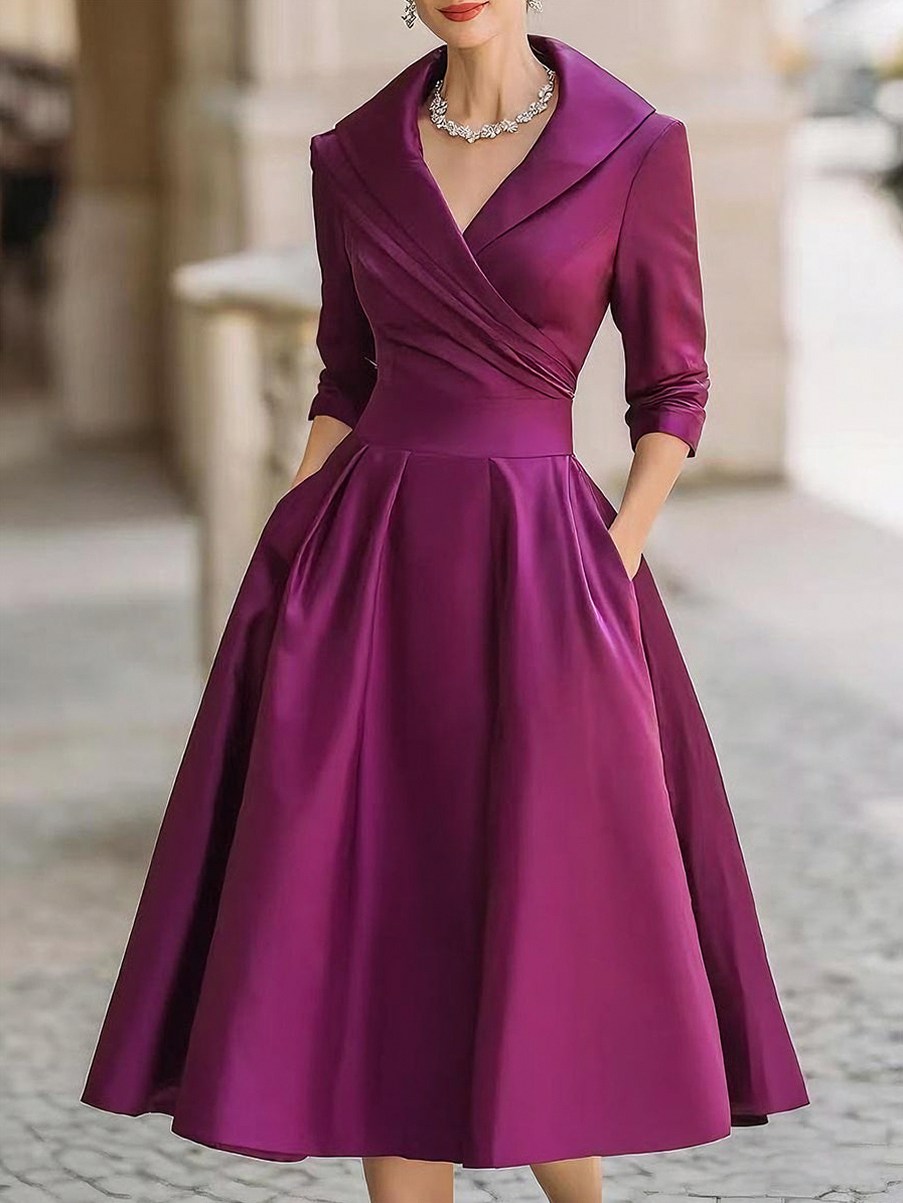 Satin Shawl Collar 3/4 Sleeve Midi Dress