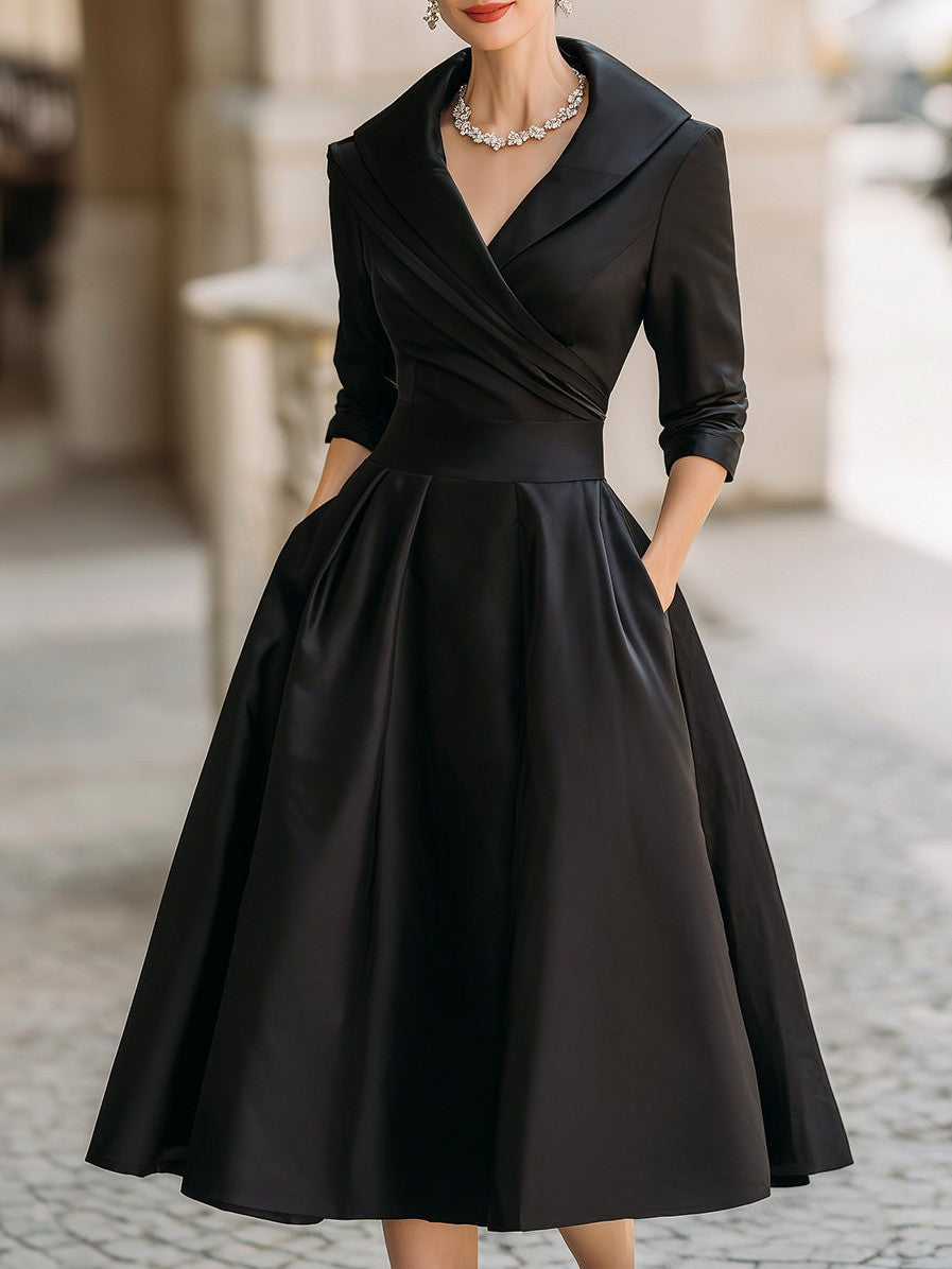 Satin Shawl Collar 3/4 Sleeve Midi Dress