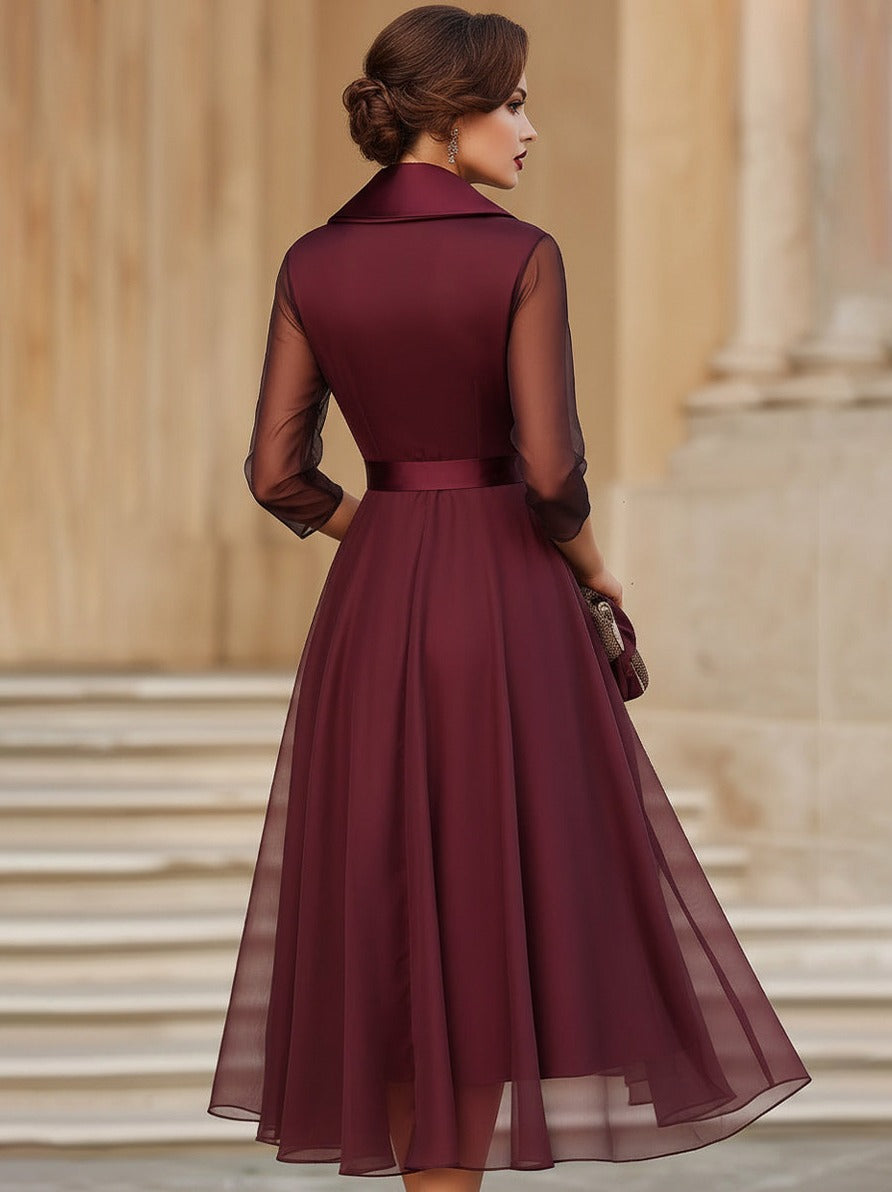 Satin Shawl Collar 3/4 Sleeve Midi Dress