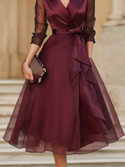 Satin Shawl Collar 3/4 Sleeve Midi Dress