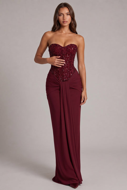 Sequin Corset Strapless Draped Maxi Dress