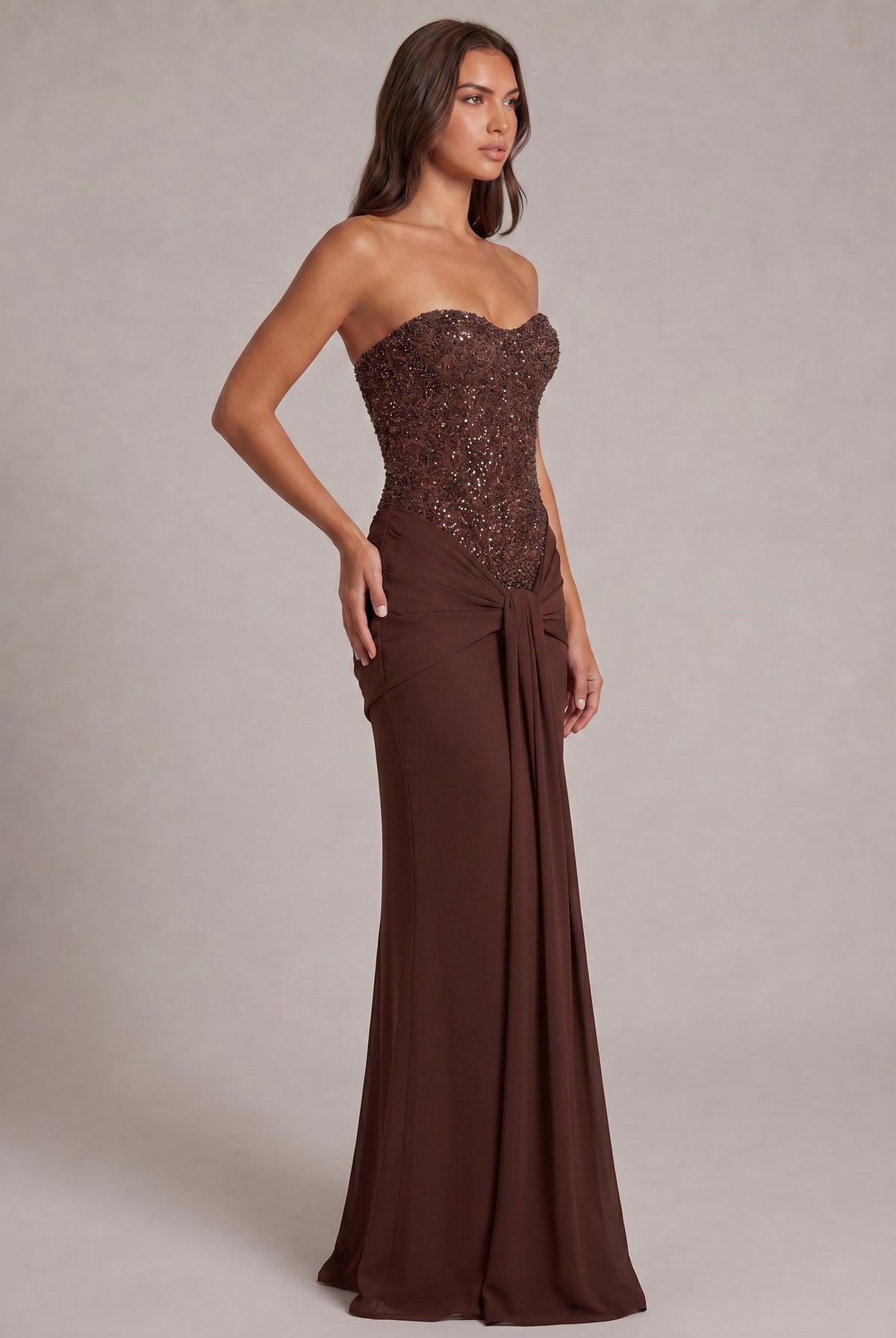 Sequin Corset Strapless Draped Maxi Dress