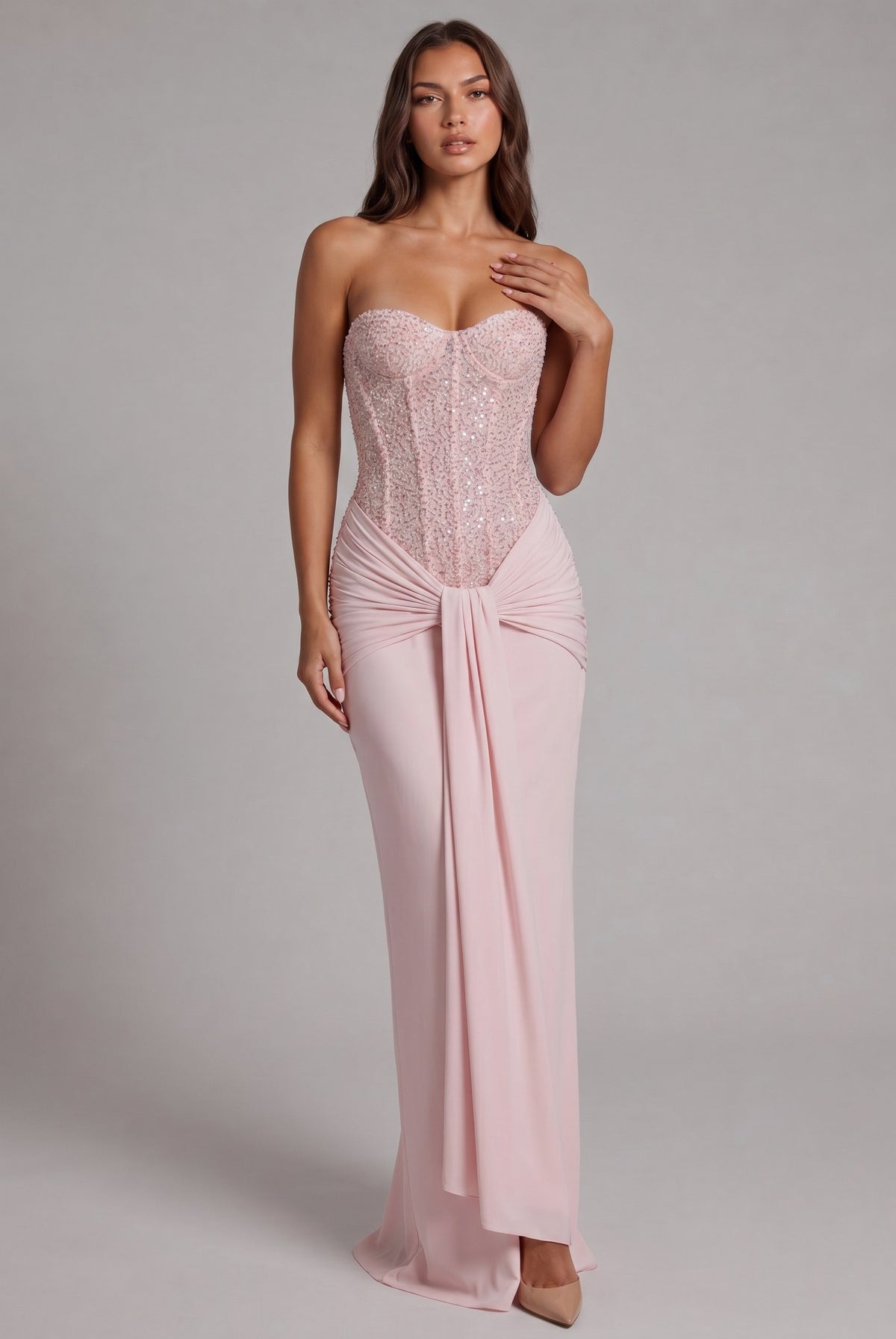 Sequin Corset Strapless Draped Maxi Dress