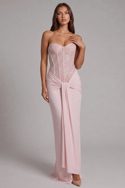 Sequin Corset Strapless Draped Maxi Dress