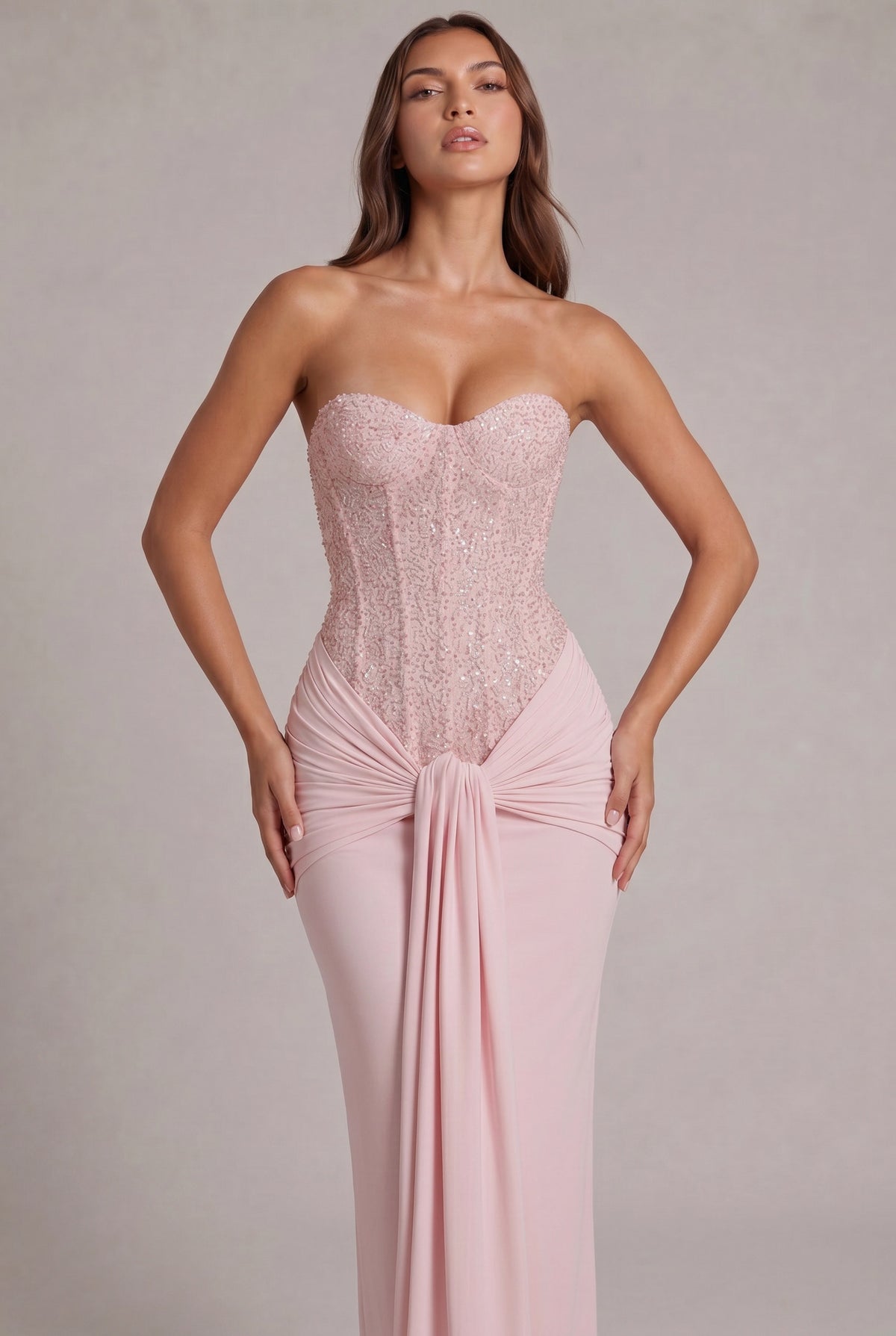 Sequin Corset Strapless Draped Maxi Dress