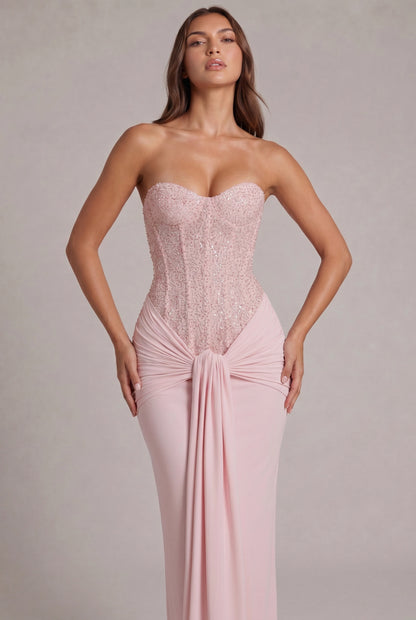 Sequin Corset Strapless Draped Maxi Dress