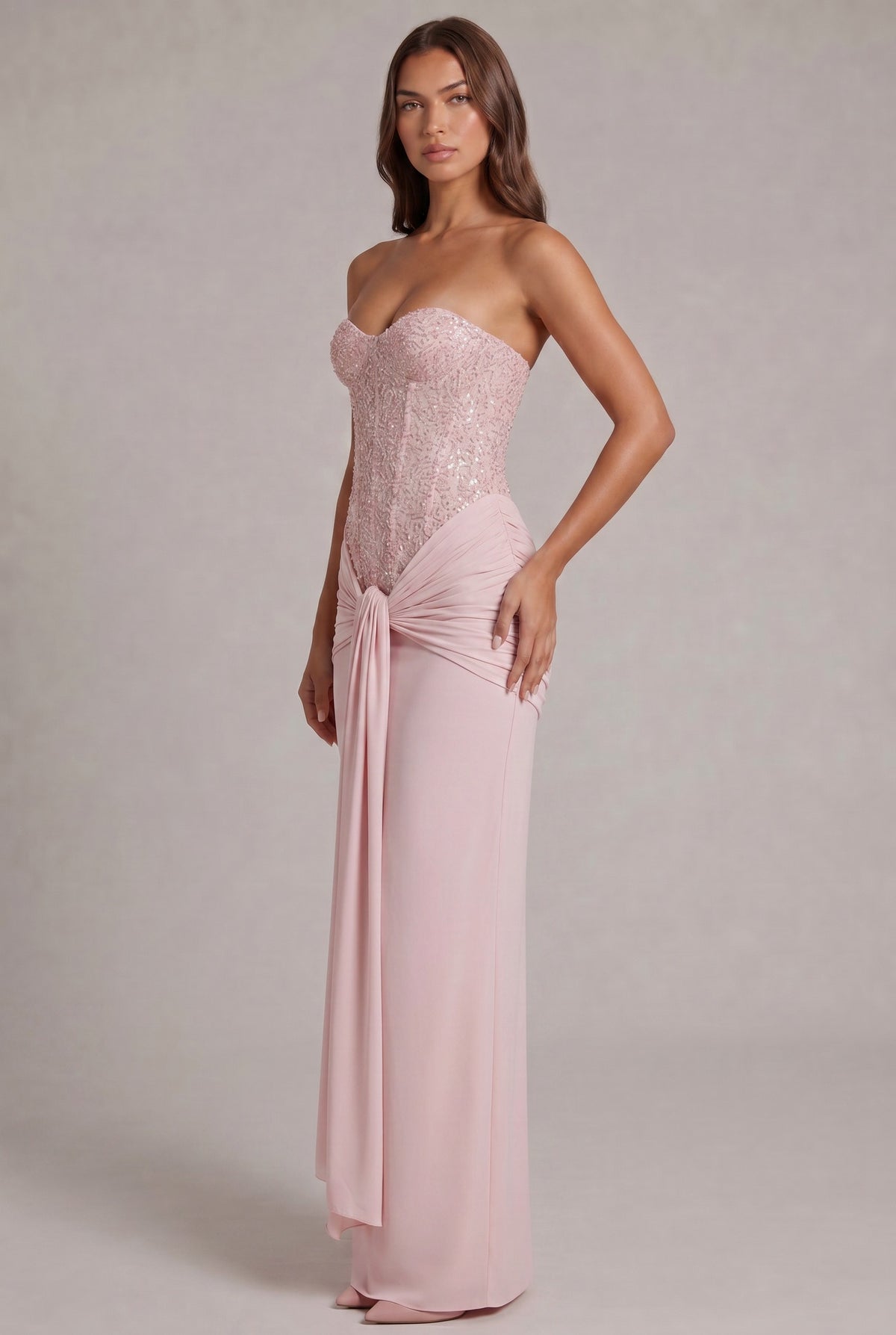 Sequin Corset Strapless Draped Maxi Dress