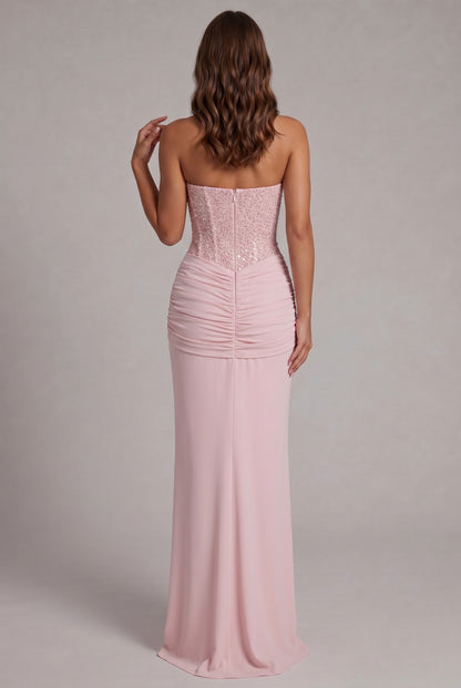 Sequin Corset Strapless Draped Maxi Dress