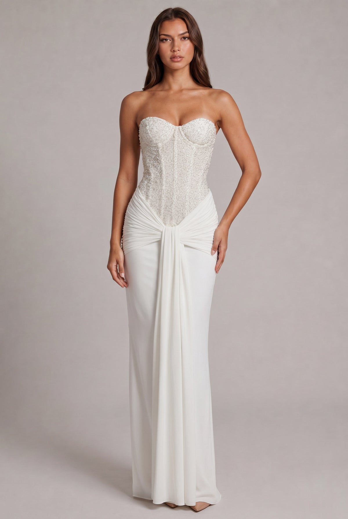 Sequin Corset Strapless Draped Maxi Dress