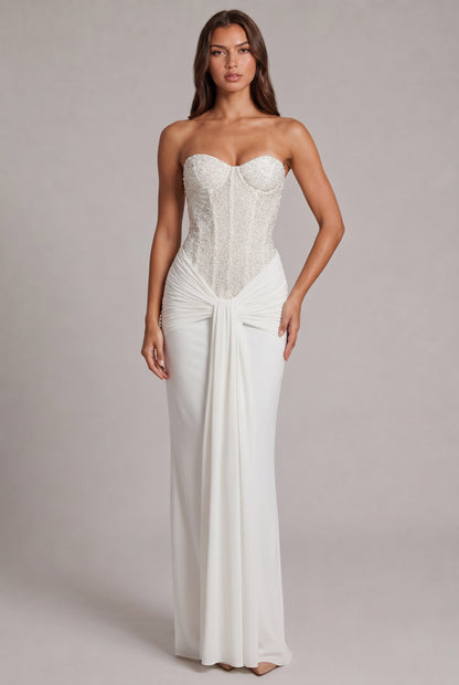 Sequin Corset Strapless Draped Maxi Dress
