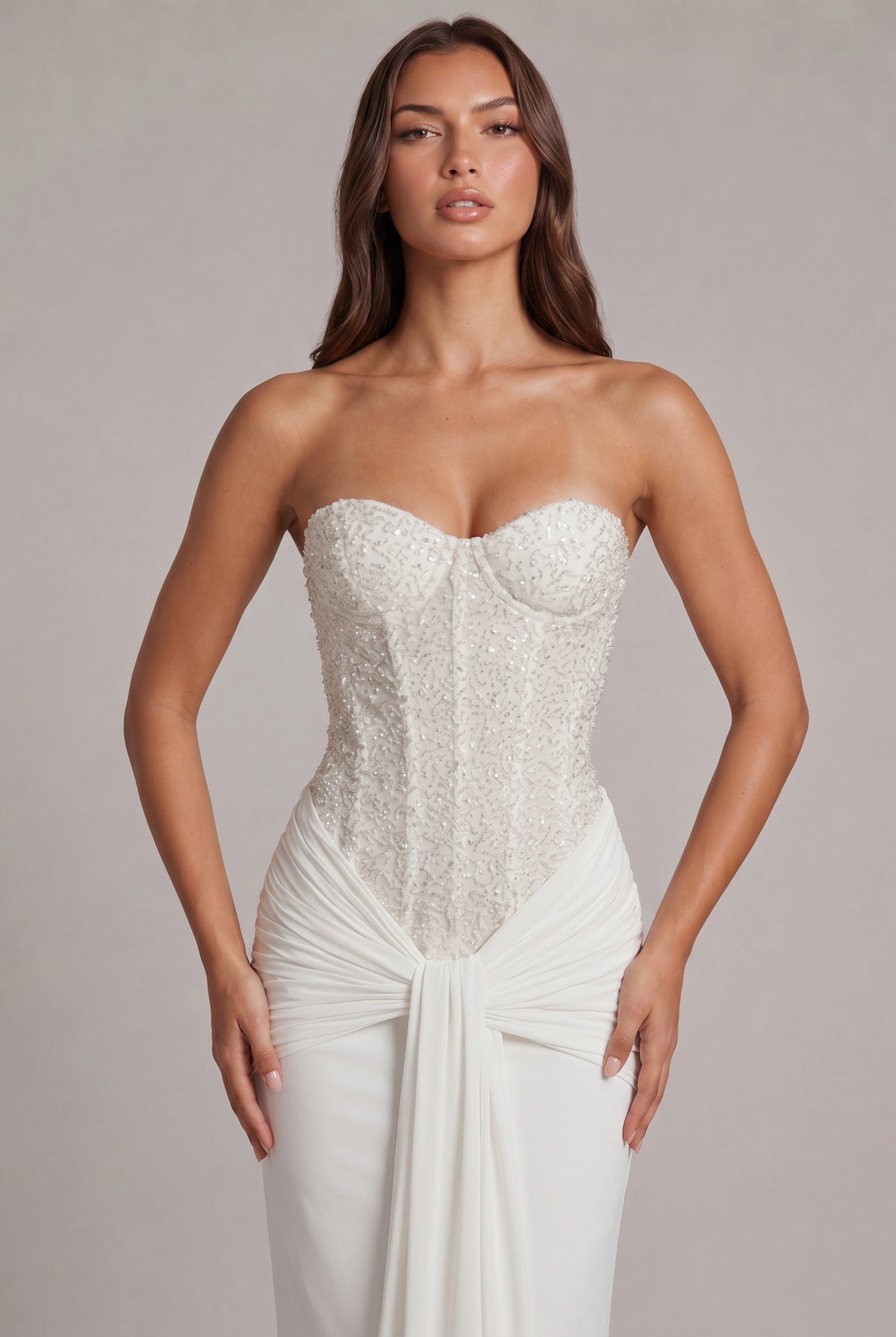 Sequin Corset Strapless Draped Maxi Dress